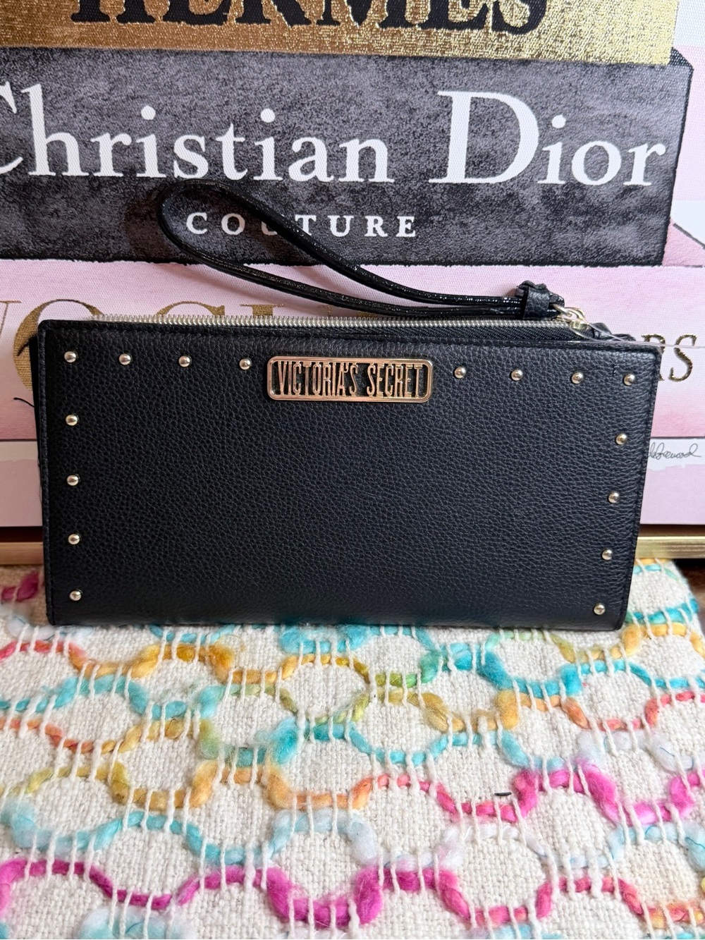 NWOT Victoria's Secret Black Studded Wristlet Wallet with Gold Hardware - Picture 1 of 4